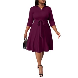FANDEE Midi Dresses for Women Dark Red A-Line Plus Size Dress 3/4 Sleeve V Neck Dress with Belt Pockets 5XL