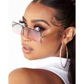 Rectangle Sunglasses for Men/Women Small Rimless Square Shade Eyewear (Blue+Purple Pink)