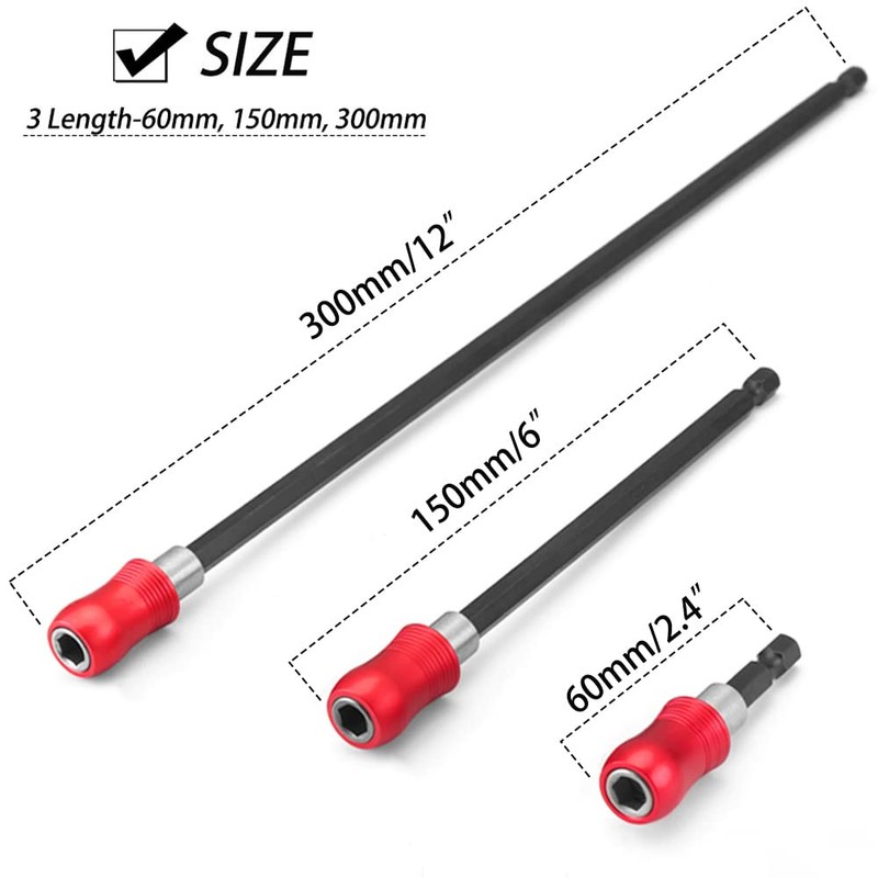 Saipor 3pcs Drill Bit Extension Set 2.4/6/12inch Length Quick Release