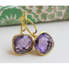 Cushion Cut Amethyst Gold Plated Earrings