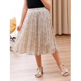 GORLYA Girls Chiffon Pleated Elastic High Waist A-Line Boho Swing Maxi Long Skirt 4-14T (GOR1115,14Y,BeigeFloral)