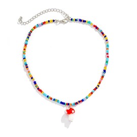 Azusa Sun Red Mushroom Pendant Necklace Sweet Fresh Mushroom Beaded Necklace Creative Bohemia Vacation Jewelry for Women