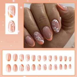 French Tip Press on Nails Short Almond Fake Nails Orange False Nails Tips Flower Acrylic Nails with Glitter and Star Designs Cute Spring Artificial Stick on Nails for Women Girls 24Pcs