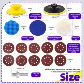 Swpeet 66Pcs 5 inch Sanding Discs Kit, 40 60 80 100 120 180 240 320 400 800 Grit Sand Pad 8 Hole Sander Hook and Loop Plate Polishing Pad, with Sponge Wool Buffing Pads for Drill Grinder Rotary Tools