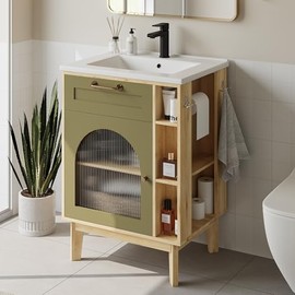 LIKIMIO 24 Inch Bathroom Vanity with Sink, Compact Bathroom Cabinet with Integrated Ceramic Sink, Arched Glass Door Storage with Adjustable Shelf, Towel Bar & Toilet Paper Holder for Small Bath