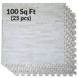 Home Aesthetics 100 Sq. Ft 3/8 Inch Thick Printed Foam Tiles Interlocking Foam Mat, 24" x 24", 25 pcs, White Wood Grain Style Protective Flooring, for Home, Exercise or Trade Show