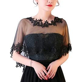 Women's Wedding Jackets Lace Bridal Bolero Shawl Tulle Cape for Bride Bridesmaid Wrap Shrug, Black, One Size