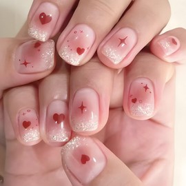 Valentine’s Day Press on Nails Short Square Fake Nails with Red Heart Designs Glitter Nails Press ons Glossy Glue on Nails Cute False Nails Pink Gradient Stick on Nails for Women 24Pcs