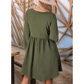 Dokotoo Casual Dresses for Women 2024 Fall Crewneck Long Sleeve Empire Waist Dress Fashion Smocked A-line Flowy Elegant Dresses Green Large