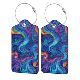 Blue and Purple Swirl Pattern 2-Pack Leather Luggage Tag Set, Travel Luggage Tags with Privacy Id Label, Stainless Steel Ring and Address Card for Men and Women Travel