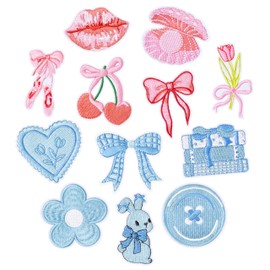 12 Pcs Coquette Iron On Patches Baby Pink Blue Bow Cherry Ballet Sew on Repair Embroidered Applique Cute Bowcore Aesthetic Girly Style DIY Crafts Accessories Gift for Girls Women Clothing Backpack Hat