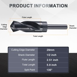 sourcing map 29mm Drill Bit 1/2" Reduced Shank 4341 High-Speed Twist HSS Nitriding Black 135° for Light-duty Soft Metal Aluminum Alloy Wood Plastic