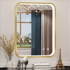 JSneijder 24x32 Inch Gold Frame LED Bathroom Mirror with Lights, Lighted Bathroom Vanity Mirror, Wall Mounted, Stepless Dimmable, Memory Funtion, Anti-Fog, Horizontal or Vertical Mounting