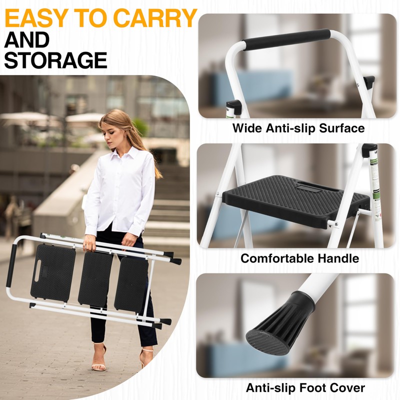 3 Step Ladder, Portable Steel Folding Step Stool with Wide