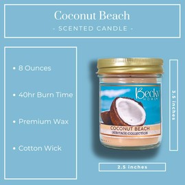 Coconut Beach Scented Candle in Clear Mason Jar | Candles for Home | 8oz Rustic Home Decor Novelty Candle | 40 Hour Burn Time Candle