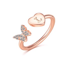 Initial Rings for Women Girls Stackable Butterfly Initial Letter Rings Adjustable Crystal Inlaid Capital Alphabet Ring 14k Gold Silver Rose Gold Plated Initial Jewelry Gifts, Adjustable, Copper, No Gemstone
