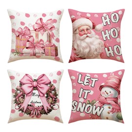 PORUPAEL Set of 4 Christmas Cushion Covers, Linen Decorative Cushion Covers, Santa Claus Cushion Cover, Decorative Cushion Cover for Sofa, Couch, Bedroom, Living Room, 40 x 40 cm (Pink)