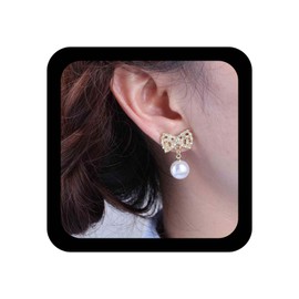 Yienate Crystal Bow Pearl Earrings Vintage Gold Rhinestone Bow Tie Stud Instructions Imitation Pearl Drop Dangle Earrings Minimalist Bridal Pearl Earrings Jewellery For Women, Zinc, No Gemstone