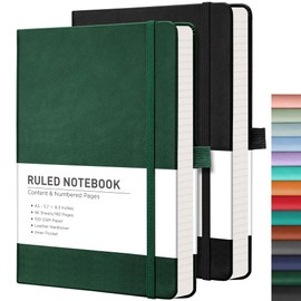 RETTACY Lined Journal Notebook, 2-Pack, 192 Numbered Pages per Pack, A5 Medium Size (14.5 × 21 cm), for Men & Women, Writing, Work, Leather Hardcover, 100 GSM Thick Paper (Black & Green)