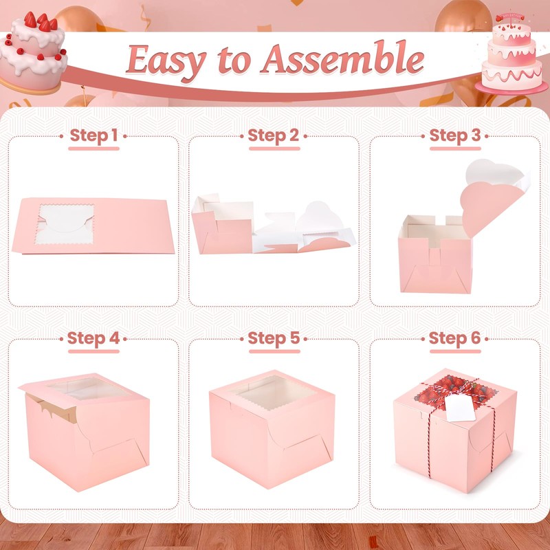 DOYIDE 20Pcs Mini Cake Boxes with Window, 6x6x5 Inches Pink