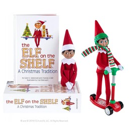Elf on The Shelf Scout Boy (Brown Eyed Boy) with Elves at Play Stand-N-Scoot