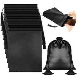 6 Pieces Satin Wig Bags Soft Silky Pouches with Drawstring Tassel Packaging Hair Extensions, Bundles, Wigs Bags Hair Tools Storage Bags for Home and Salon Use, Black