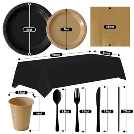 404 Pieces Disposable Plastic Dinnerware Set, Plastic Cutlery Set Includes 50 Of Each Plastic Dinner Plates|Dessert Plates|Cups|Napkins|Straws|Spoons, Forks & Knives (Black & Gold, 404PCS（50 Guests）)