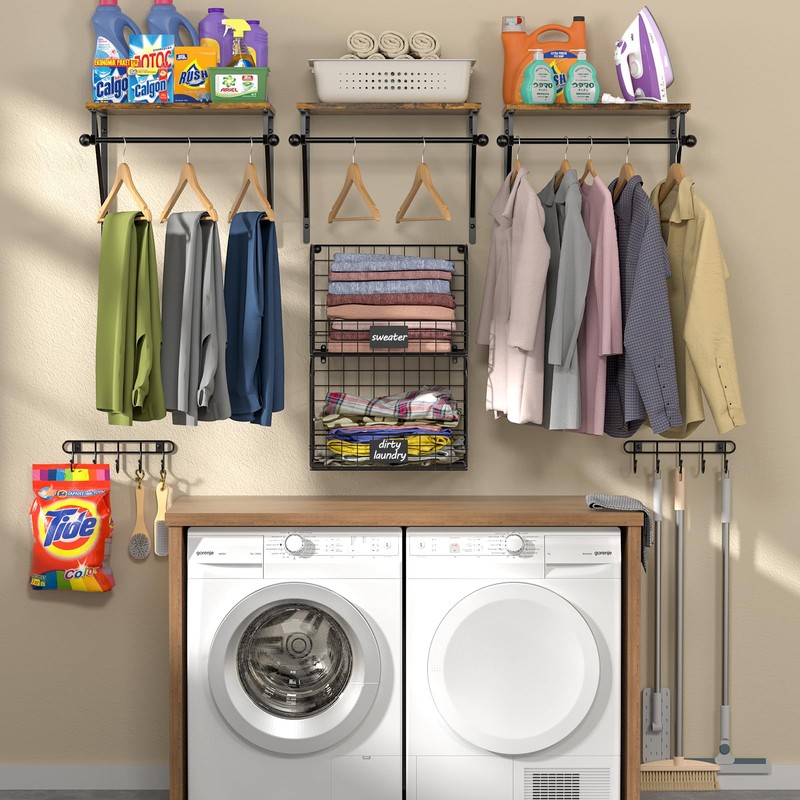 Laundry Room Shelves Wall Mounted with Wire Baskets, Over the