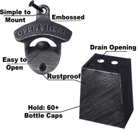 Jumiok Antique Silver Beer Opener Wall Mounted Bottle Opener with Cap Catcher Drained Holes for Bar Kitchen