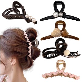 Rannyrena Elegant Large Crystal Pearl Butterfly Claw Clip for Women Thin Thick Curly Hair Cute Leopard Print Bow Strong Hold Hair Accessories (Pearl Crystal and Heart (Pack of 5))