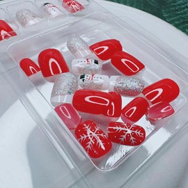 Glitter Winter Nude French Tip Press on Nails Short Square Fake Nails with Cute Snowman Snowflake Design Christmas Nail Art Silver Shiny Nail Tips Full Cover Xmas False Nails Red Nails for Women 24Pcs