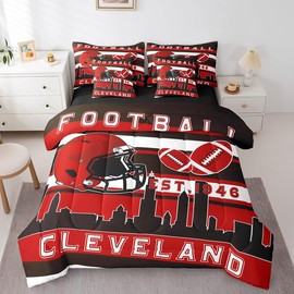 Football City(Cleveland) Full Size Comforter Set 7 Pcs,American Football Comforter Blanket,Brown Red Rugby Game Bedding Sets with Comforter,Flat Sheet,Fitted Sheet,Pillowcases and Pillow Covers