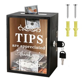 WNJ Wooden Tip Box with Lock & Slot - Secure Donation & Tips Jar for Business, Street Performers, Cafe, Hotel - Vendor Booth, wooden tip jar for business,tip jar for bartender