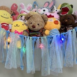 Stuffed Animals Net or Hammock with LED Light, Toy Hammock Net with Tassels Hanging Stuffed Animals Storage Holder Room Décor for Nursery Kids Bedroom (Blue)