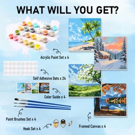 Bowetile 4 Pack Scenery Framed Paint by Numbers for Adults Children, Painting by Numbers Kit for Adults, Beginners Canvas Kits, DIY Acrylic Pigment Drawing Paintwork for Home Decor, 20x20 cm