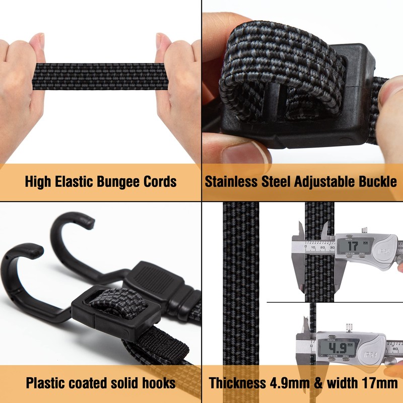 Bungee Cords, Flat Adjustable Bungee Cords with Hooks Heavy Duty