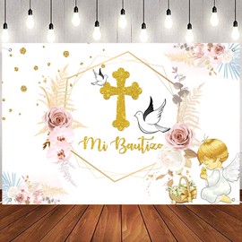 INNORU Mi Bautizo Backdrop Banner, First Holy Communion Photography Backdrop Durable Fabric Baptism Dove Cross Christening Baby Shower Party Decorations Photo Booth Props 6x4ft