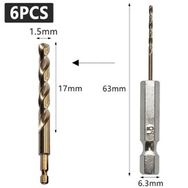 6 Pcs 1/4" Hex Shank Drill Bits 1.5mm High Speed Steel Twist Drill Bit, Small Drill Bits, Hex Drill Bits, 1.5mm Drill Bits for Wood, Stainless Steel, Metal, Plastic