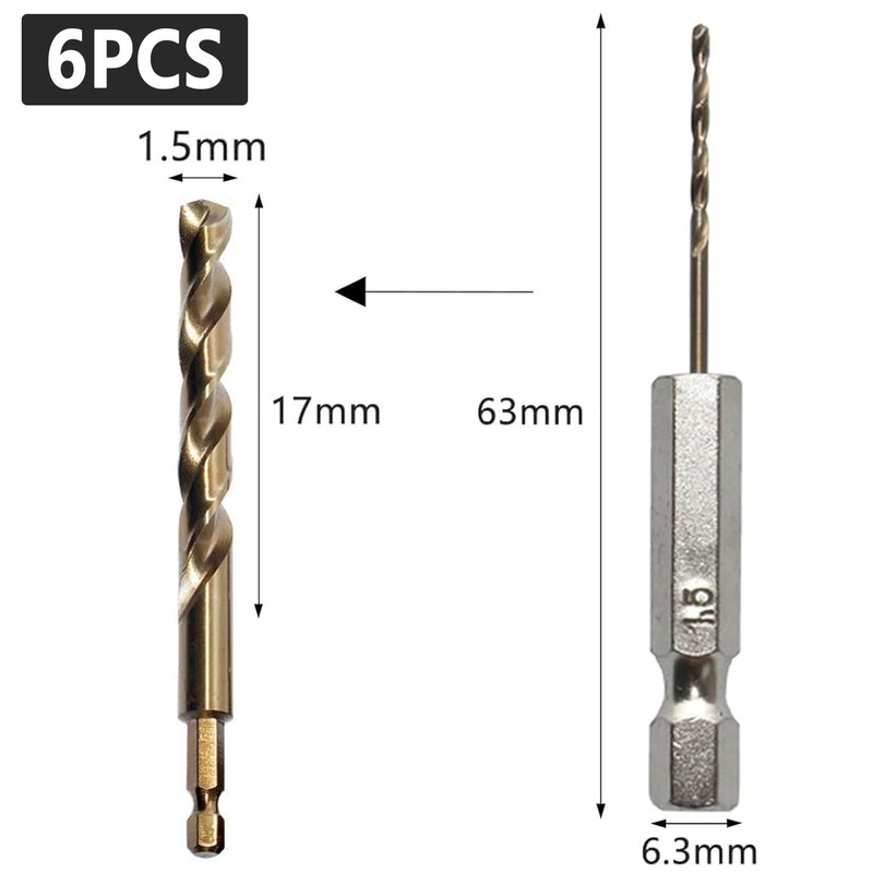 6 Pcs 1/4" Hex Shank Drill Bits 1.5mm High Speed