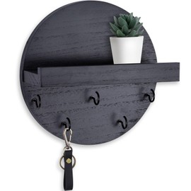 Lwenki Key Holder for Wall – Decorative Key Hook Shelf for Entryway Decor – 7.9 Inch Round Paulownia Wood Hey Hanger with 5 Metal Hooks Includes Mounting Hardware and Installation Guide