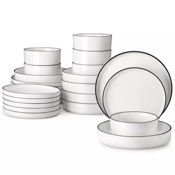 MALACASA LEAH 24-Piece Porcelain Dinnerware Set Black Trim Bowls and