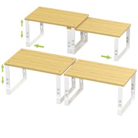 Adjustable Storage Shelves for Kitchen Cabinet Organization - Set of 2 Stackable Metal & Engineered Wood Racks, Space-Saving Design for Countertop/Pantry/Garage, Easy Assembly(2 Packs/Meduim/White)