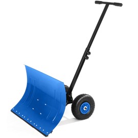 Snow Shovel with Wheels,29.1" W x 19.3" H Heavy Duty Snow Pusher for Driveway,Ergonomic Snow Pusher Shovel with Snow Removal Adjustable Angle & Height Handle for Driveway, Pavement (Blue)