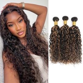 Anmetan Highlight F1B30 Honey Blonde Highlight Brown Curly Bundles Water Wave Human Hair, Thick 10A Black with Brown Highlight Bundles Unprocessed Human Hair Wet and Wavy 3 Bundles Wavy 12/14/16 In