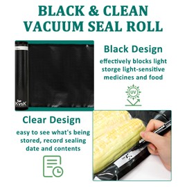 KVSK Black and Clear Vacuum Seal Rolls 3 Pack 11"x16.4 Ft Food Storage Preserve Food Freshness, Light-Proof Design for Coffee, Tea, Nuts, Total 50 Ft 3.6mil+10mil Thickened, Food Grade BPA Free