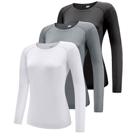 Women's 3 Pack Long Sleeve Workout Running Shirts, UPF 50+ Sun Protection Shirts, Athletic Exercise Gym Yoga T-Shirts Tops Black/White/Grey 3P01-L