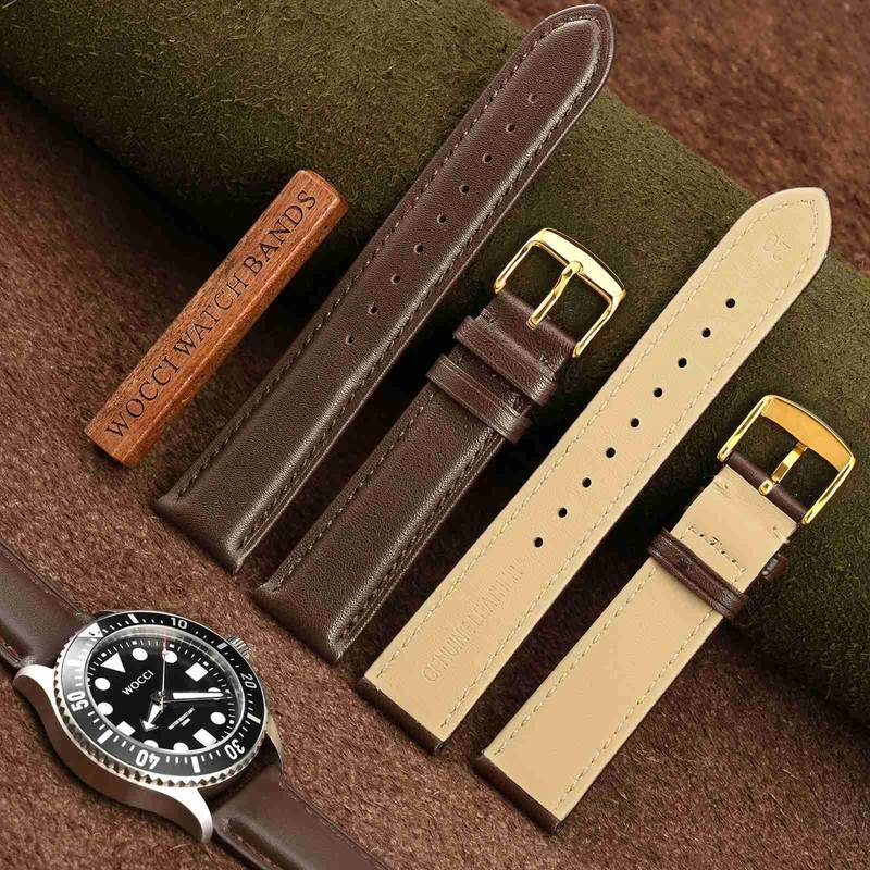 WOCCI 17mm Vintage Leather Watch Strap with Gold Buckle, Replacement