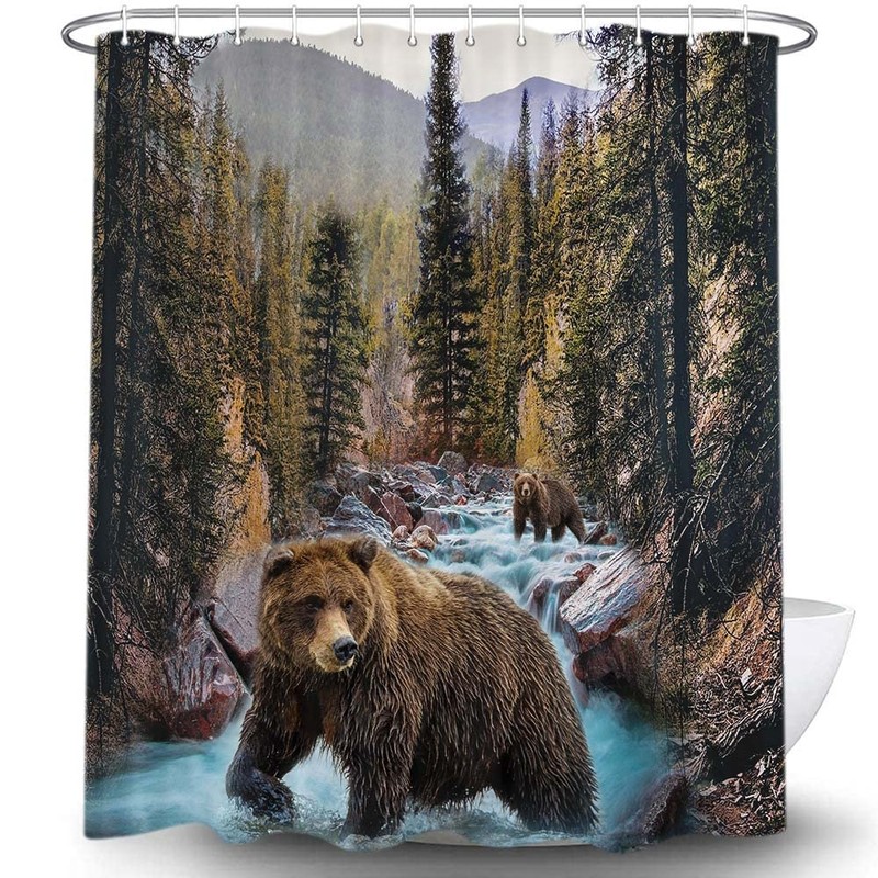 Hajmsug Forest Bear Shower Curtain, Misty Mountains Wildlife Farm Rustic