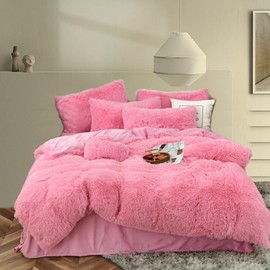 MorroMorn Luxury Shag Fluffy Comforter Cover Set, Shaggy Faux Fur Duvet Cover Sets - 5 Pcs Plush Quilt Cover Pillowcases Velvet Fitted Sheets, Fuzzy Pink Bed Set for King Size Bed Pink