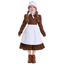 Kosgraiy Colonial Prairie Costume Dress for Girl,Kid Manor Maid Dress,Victorian Maid Costume,Girl Pilgrim Costume,Brown,White Apron,S/120